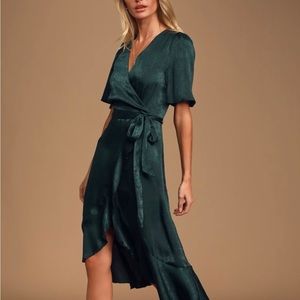 Satin Green Faux Wrap Midi Dress